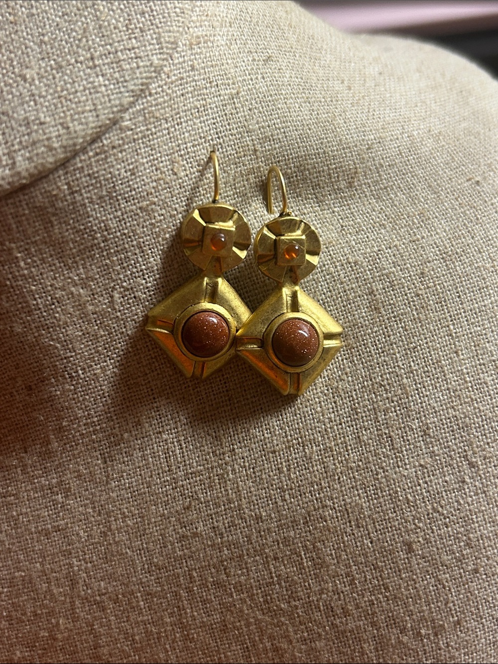 Gold-Toneā Drop Earrings with Brown Stone Accents Vintage Signed Robert Rose